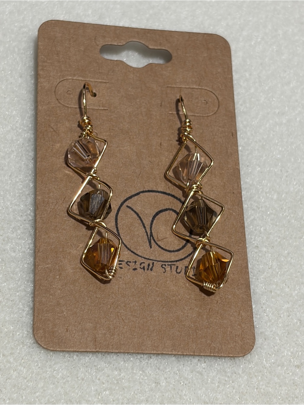 Gold Artistic Wire Drop Earrings with Amber and Smoky Crystal Beads